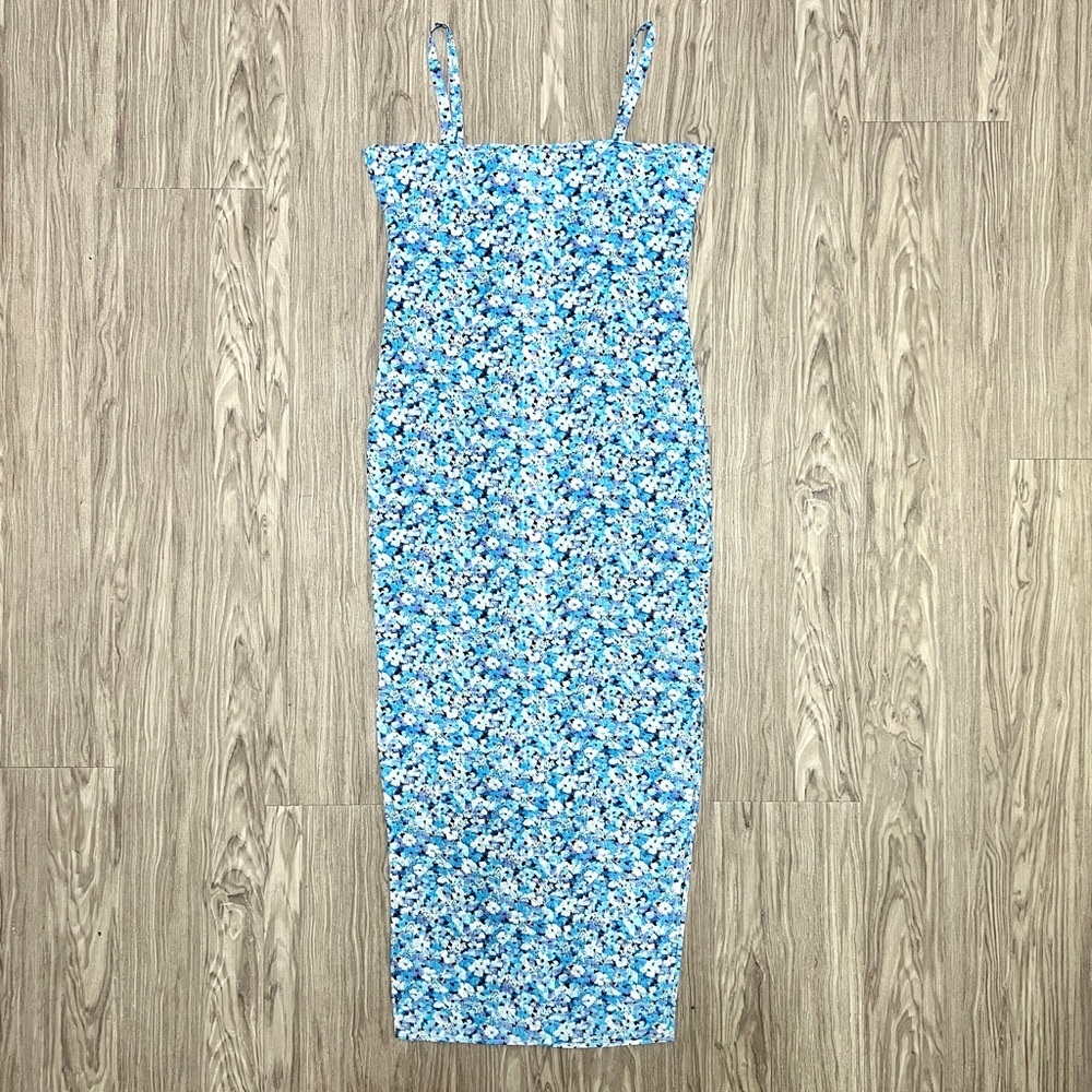 Handmade Floral Blue Maxi Dress with Slit